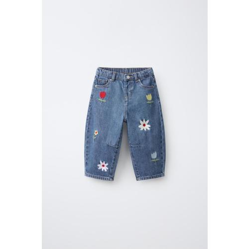 EMBROIDERED FLORAL BARREL JEANS - Blue | ZARA United States