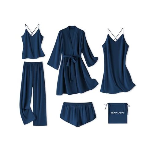 SAPJON Satin Pajama Set for Women 6Pcs Sexy Lingerie Silk Robe Pjs | Soft Cami Top, Comfy Pants Shorts, Satin Nightwear Pijamas Set, Gifts for Women Getting Ready Outfits Bridal Party