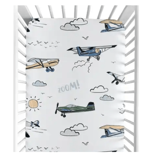 Sweet Jojo Designs Vintage Airplane Boy Fitted Mini Portable Crib Sheet Green Blue Yellow Airplanes Plane Transportation Clouds