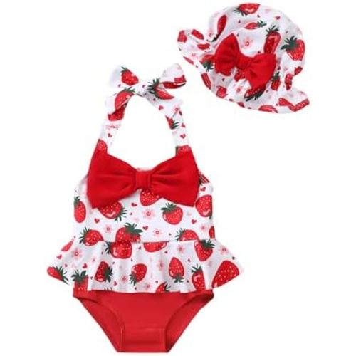 Kucnuzki Baby Girl Swimsuit Newborn One Piece Bathing Suit Bow Tie Bikini Tankini Infant Swimwear with Hat