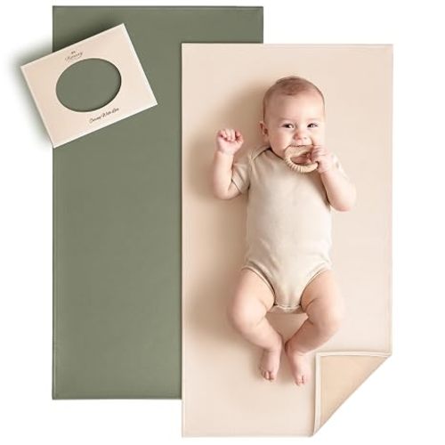 Konssy Faux Leather Waterproof Baby Changing Mat 2 Pack, Regular, 30"x17" | Wipeable & Foldable, Portable Diaper Changing Pad, Fits Diaper Bags for Travel, Home And on-The-Go Use (Fog Green,Beige)