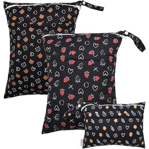 ALVABABY 3 Cloth Diaper Wet Dry Bags Waterproof Reusable with Two Zippered Pockets Travel Beach Pool Daycare Soiled Baby Items Yoga Gym Bag for Swimsuits or Wet Clothes Small Medium Large 3L-SML10