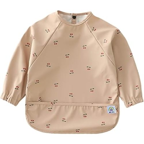 ARI MES Waterproof Long Sleeve Baby Bib for Eating-Cherries Pattern, Small-Toddler Smock with Catch-All Pocket, BPA Free, Machine Washable, Wearable Feeding Bib for Boys & Girls 6-72 Months