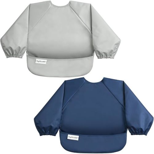 Tiny Twinkle Mess Proof Baby Bib, 2 Pack Long Sleeve Bib Outfit, Waterproof Bibs for Toddlers, Machine Washable, Tug Proof