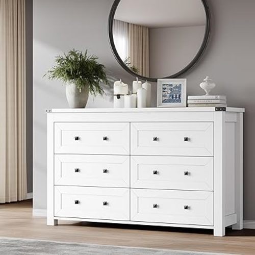 BORNOON 6-Drawer Dresser, Modern Wooden Storage Chest of Drawers, Dresser TV Stand, Wood Drawer Organizer with Metal Handles for Bedroom, Living Room, Hallway
