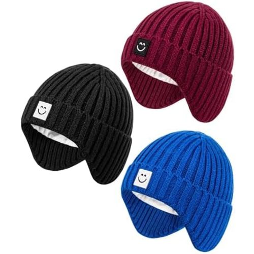Alepo 3 Pack Baby Beanie Hats with Earflaps, 2 Size Baby Winter Hat for Toddler Kids, Fleece Lined Knit Hat for Girls Boys