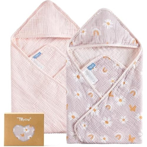 TILLYOU Muslin Hooded Baby Towels for Newborn 2 Pack, 32x32Inch Soft Baby Bath Towel Highly Absorbent for Newborn and Infant, Essential for Newborn Care, Pink Butterfly