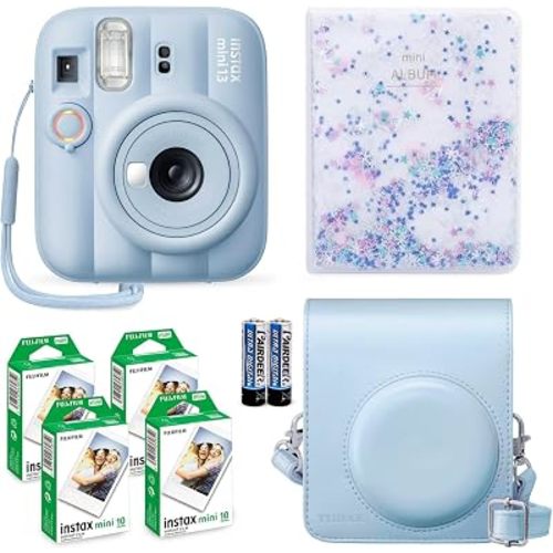 Fujifilm Instax Mini 13 Instant Camera Frost Blue + Fuji Film Value Pack (40 Sheets) + Tudak Accessories Bundle, Incl. Compatible Carrying Case, Quicksand Beads Photo Album 64 Pockets