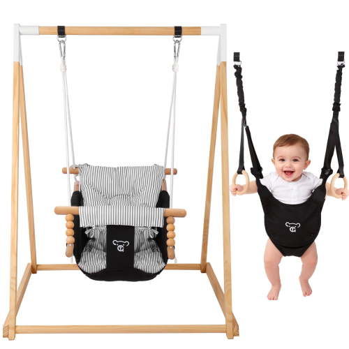 G TALECO GEAR 2-in-1 Baby Bouncer Jumper & Toddler Swing, Foldable Wooden Swing Set with Stand, Outdoor/Indoor Baby Swing with 5-point Harness Safety and Soft Cushion