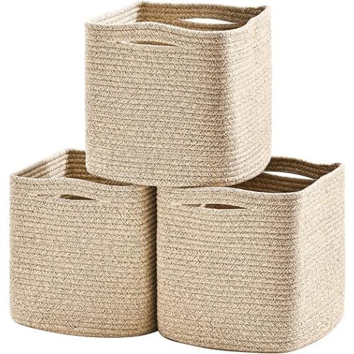 11 Inch Cube Storage Bins, Organizing Bins for Cube Organizer, Storage Baskets for Organizing, Woven Storage Basket for Shelves, Cotton Rope Toy Baskets Storage Kids, Brown (Pack of 3)