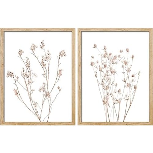 SIGNWIN Framed Set Wildflower Wall Art, Set of 2 Floral Botanical Wall Décor Prints, Minimalist Wall Décor for Living Room, Bedroom - 12"x16" Natural
