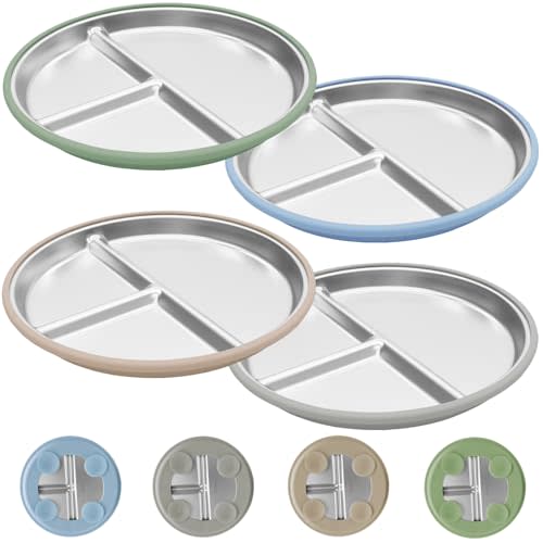 Stainless Steel Toddler Plates with Suction, 4 Pack Kids Baby Plates Set with Sturdy Silicone Suction Base Easy to Clean 9 inch