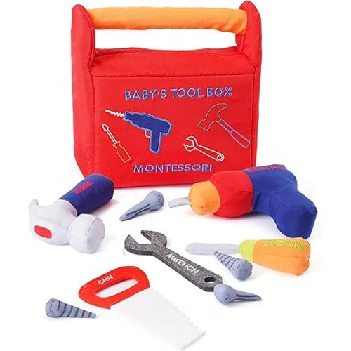 Jollybaby Soft Kid Tool Box Set Toy Inclub Drill Hammer Saw Wrench Screwdriver Screw for Baby, Montessori Preschool Educational Learning Construction Toys for Boy Birthday Gift - RED