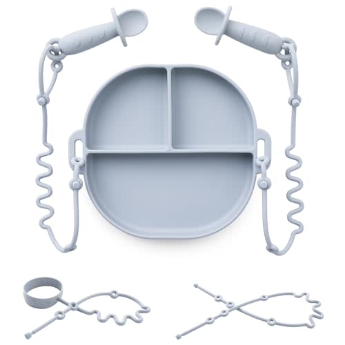 Andy Bear Silicone Plates for Babies with Suction Divided Baby Spoons Silicone Baby Toy Straps All-in-one Plates Silicone Placemat for Babies Toddlers Attachable Tethers & Built-in Suction Cups-Blue