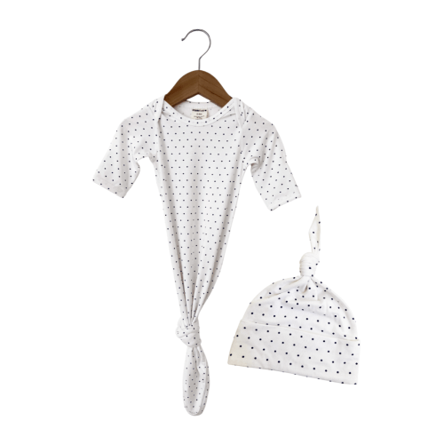 Knotted Gown & Hat Set, Navy Polka Dot