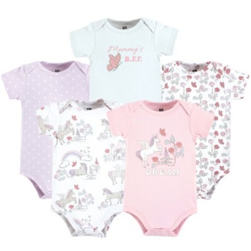 Hudson Baby Infant Girls Cotton Bodysuits 5-Pack, Unicorn World, 0-3 Months