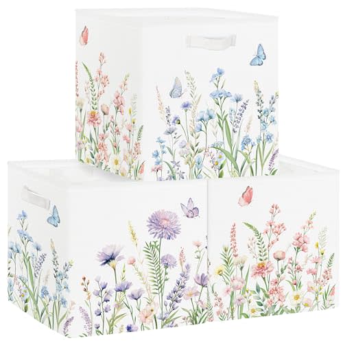 11.8" Wild Flower Storage Cube Organizer Set 3Pcs Clothes Storage Basket Bin for Closet Shelf Garden Butterfly Nursery Kid Room Book Toy Chest, Plant Bush