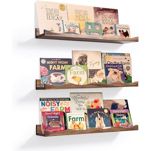 AZSKY Floating Bookshelf for Kids, Floating Shelves for Wall Cloud Picture Ledge Shelf Walnut 23.6 Inches Nursery Book Shelves Set 3, Baby Book Shelf for Toddler Room, Baby Room, Nursery Decor