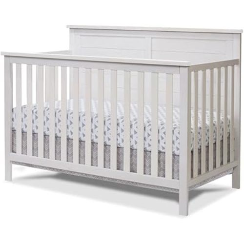 Pemberly Row 4-in-1 Convertible Crib, Weathered White Finish, Natural New Zealand Pine Wood, Adjustable Mattress Heights, Modern Farmhouse Style Baby Crib Converts to Toddler, Day, Full-Size Bed