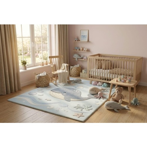 Hand-Tufted Whale Nursery Rug | Coastal Ocean Playroom Mat