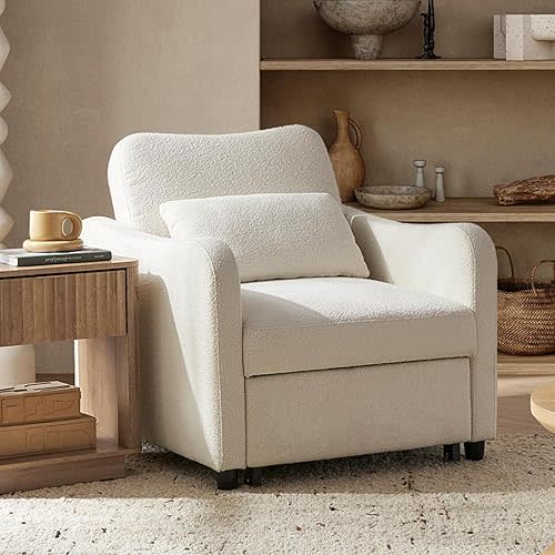 mopio Sophie 4-in-1 Convertible Sleeper Chair Bed, Accent Chair, Chaise Lounge, Comfy Reading Armchair, Pull Out Sofa Bed with Adjustable Backrest for Living Room, Bedroom (Pearl White Boucle)