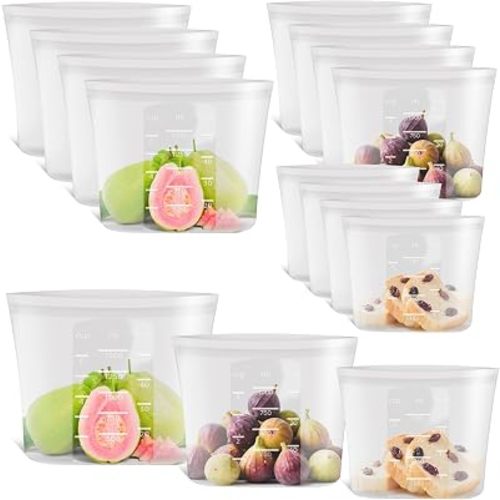 12-Pack Platinum Silicone Reusable Storage Bags, 100% Premium Silicone Stand-Up Wide-Open Zip-Lock Reusable Storage Bags for Food, Freezer Microwave Oven Dishwasher Safe, Crystal-Clear, 4M 4S 4XS