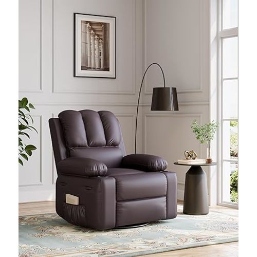 GarveeHome Oversize Manul Recliner Chair 27" Seat, Single PU Leather Sofa with Side Pocket, Chaise Lounge Reclining Seat with 2 Cup Holders for Living Room, Bedroom and Nursery, Coffee
