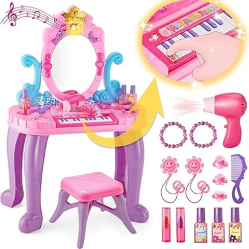 Vanity Makeup Table Toy for Kids, Toddler Girl Pretend Play Makeup Accessories- Princess Dress Up Set, Music Piano & Lights, Adjustable Mirror, Hairdryer, Mermaid Table & Chair Kit, Birthday Gift