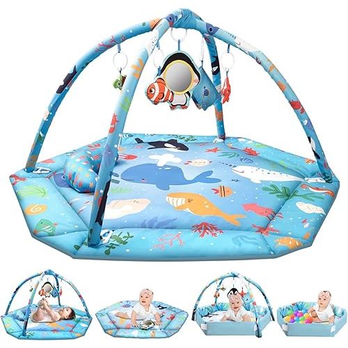 Baby Play Mat,Tummy Time Mat with 6 Detachable Toys-Activity Gym for Visual, Auditory & Motor Development-Washable Baby Activity Mat for 0-12 Month Infants(Ocean)