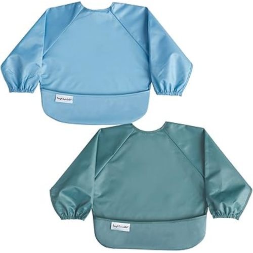 Tiny Twinkle Long Sleeve Bib for Babies & Toddlers | 2-Pack Waterproof Smock Bib for Eating | Machine Washable & Mess-Proof Feeding Essentials | Newborn Shower Gift (Slate Olive,6–24M)