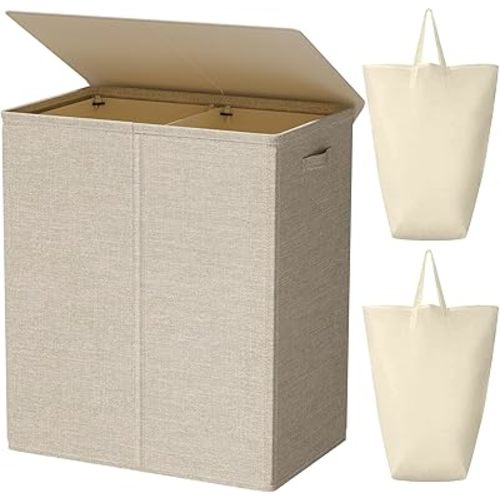 WOWLIVE 154L Double Laundry Hamper with Lid and Removable Laundry Bags, Large Dirty Clothes Hamper 2 section Collapsible Laundry Basket Dorm Room Storage for Bedroom, Bathroom, College,Wheat