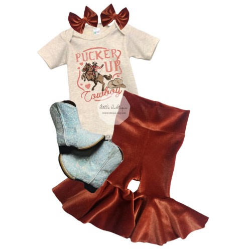 Valentine's Outfit Pieces Headwrap Bodysuit Tshirt Bummies Bells Separates Pucker Up Cowboy