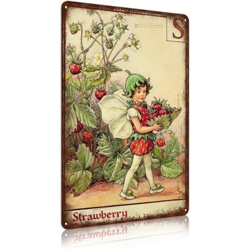 Flower Fairy Wall Decor Vintage Metal Tin Signs Fairy Garden Accessories - Strawberry
