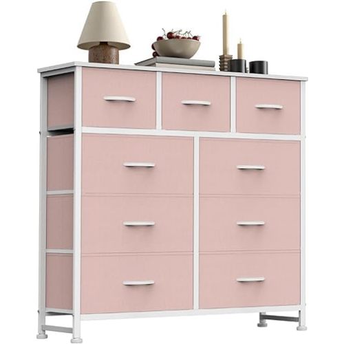 Sweetcrispy 9 Drawer Fabric Dresser Storage Tower with Wood Top and Steel Frame, Organizer Chest with Easy Pull Handles for Bedroom, Closet, Hallway,Pink