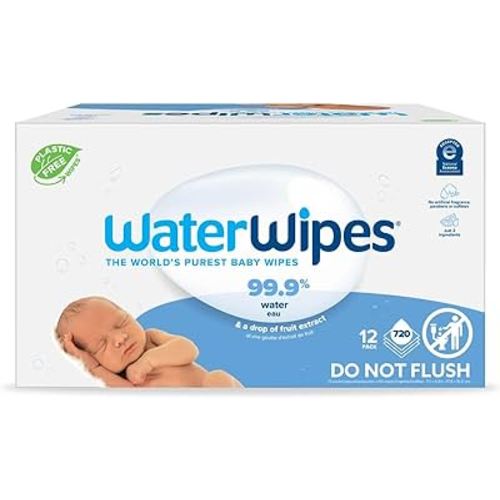 WaterWipes Plastic-Free Original Baby Wipes, 99.9% Water Based Wipes, Unscented & Hypoallergenic for Sensitive Skin, 60 Count (Pack of 12), Packaging May Vary