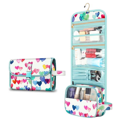 Fintie Portable Toiletry Cosmetic Travel Bag, Large Water Resistant Hanging Makeup Organizer Storage Pouch Case for Women Girls (Raining Hearts)