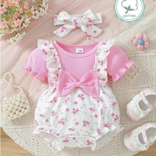 Infant Girls' Cute Ditsy Floral Ruffle Collar Textured Bodysuit With Headband, Summer | SHEIN USA