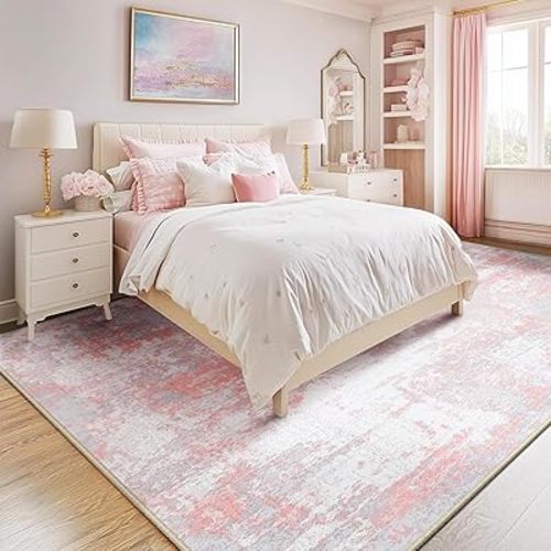 Washable Area Rugs 8'x10' Non-Slip Modern Abstract Soft for Living Room Entryway Bedroom Nursery, Print Pattern, Grey Pink