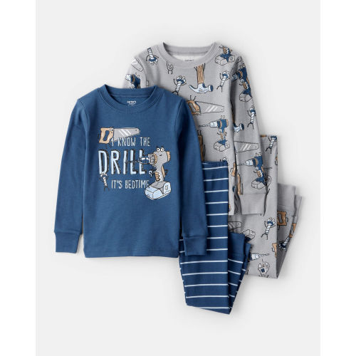 Toddler Boy Construction Print 100% Cotton Long-Sleeve Snug Fit 4-Piece Pajamas - Blue/Grey - Carter's | Carter's