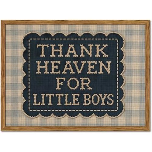 Framed Thank Heaven for Little Boys Wall Art, Baby Boy Nursery Wall Decor, Vintage Blue Gingham Inspirational Quote Paintings Canvas Prints Pictures for Toddler Kids Bedroom 12x16 inch