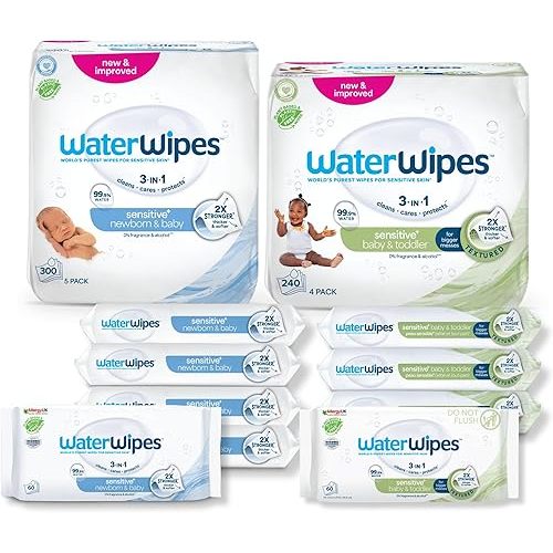 WaterWipes Bundle, Original 300 Count (5 packs) & Textured Clean Wipes 240 Count (4 packs), Plastic-Free, 99.9% Water Based Wipes, Unscented, Hypoallergenic for Sensitive Skin, Packaging May Vary