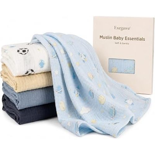 Baby Burp Cloths Muslin Cotton 5-Pack, 24 x 24 in(Space Football)