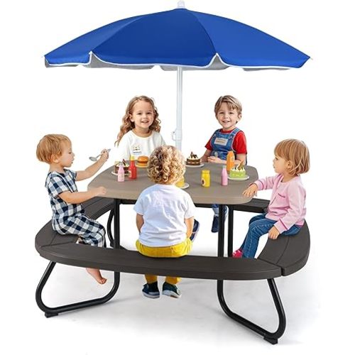 HONEY JOY Kids Picnic Table, 8 Person Toddler Outdoor Table and Chair Set, 4 Built-in Benches, Removable Umbrella, Metal Frame & HDPE Top, Children Outdoor Furniture for Backyard Patio Garden (Coffee)