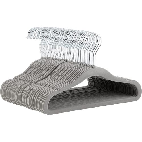 Amazon Basics Kids Space Saving Velvet Non-Slip Clothes Hangers with Shoulder Notches for Infant and Toddler, Sturdy, 11.6", Gray, 50-Pack