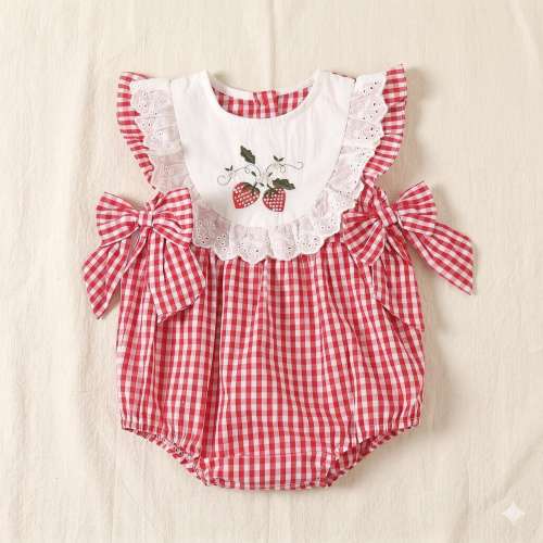 Red Gingham Baby Bubble Romper, Strawberry Embroidered, Lace Bib, Side Bow Sunsuit