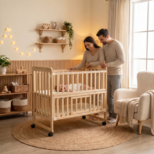 Rebrilliant 5-in-1 Convertible Solid New Zealand Pine Baby Crib, Portable Natural Wood Bedside Sleeper Playpen with Storage & Wheels for Infants 0-36 Months | Wayfair