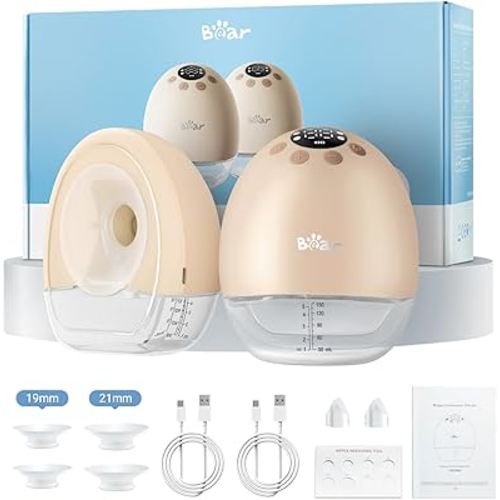Bear Breast Pump Hands Free, Wearable Breastfeeding Pumps Strong Suction Low Noise, 4 Modes& 9 Levels Electric Breast Pump Portable, 19/21/24mm Insert Flange, 2 Packs