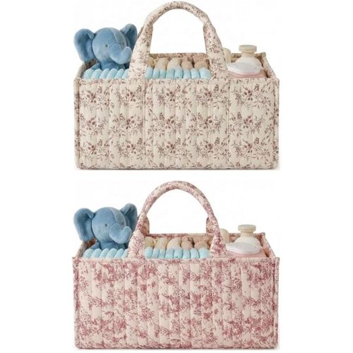 Quilted Fabric Storage Basket Floral Baby Diaper Caddy Quilted Basket for Nursery Bedroom Car Storage (L- Beige+Pink)