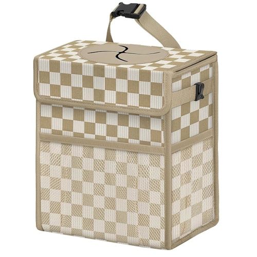 Corduroy Car Trash Can with Lid and Mesh Pockets - Leakproof Organizer,Multipurpose Waterproof Garbage Can/Trash Bin for Car(White Base with Khaki-2 Gallons)
