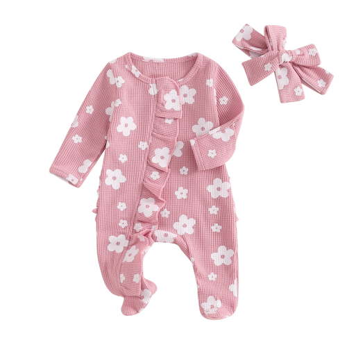 Bellafa Baby Girls Footies Ruffle Zip Up Onesie Romper Newborn Infant Floral Knit Jumpsuit with Headbant 2 Piece Coming Home Outfits